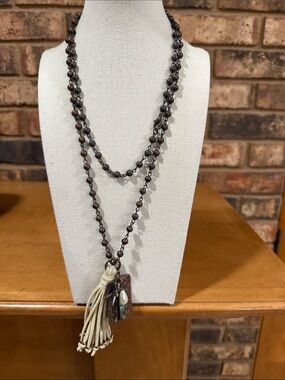 Faith Cross Charm and Cream Leather Tassel Pendant Ball Chain Long Necklace